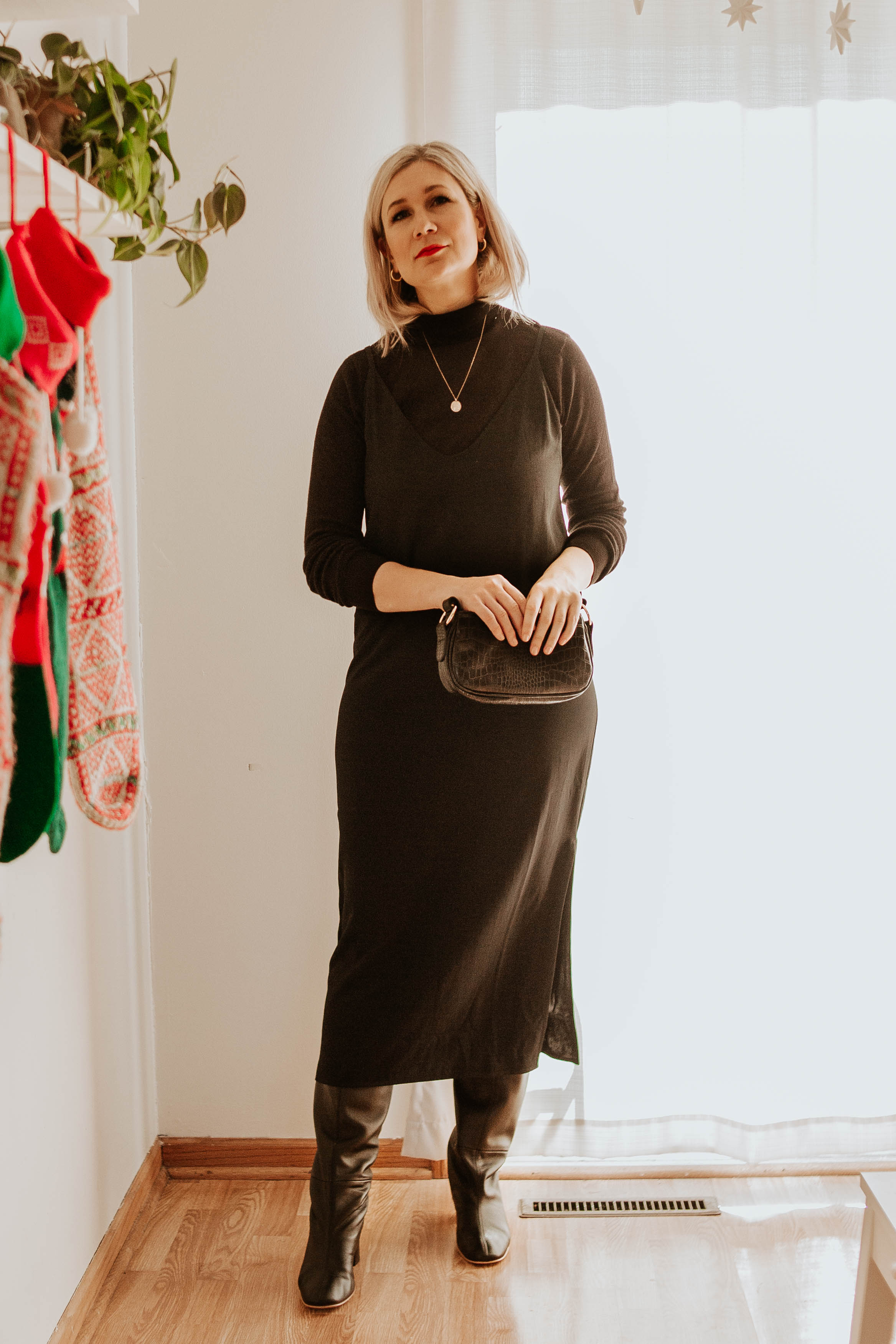 Mini Holiday Lookbook Featuring Ethical Fashion, black turtleneck sweater, everlane slip dress, black knee high boots, everlane knee high boots, mini croc bag