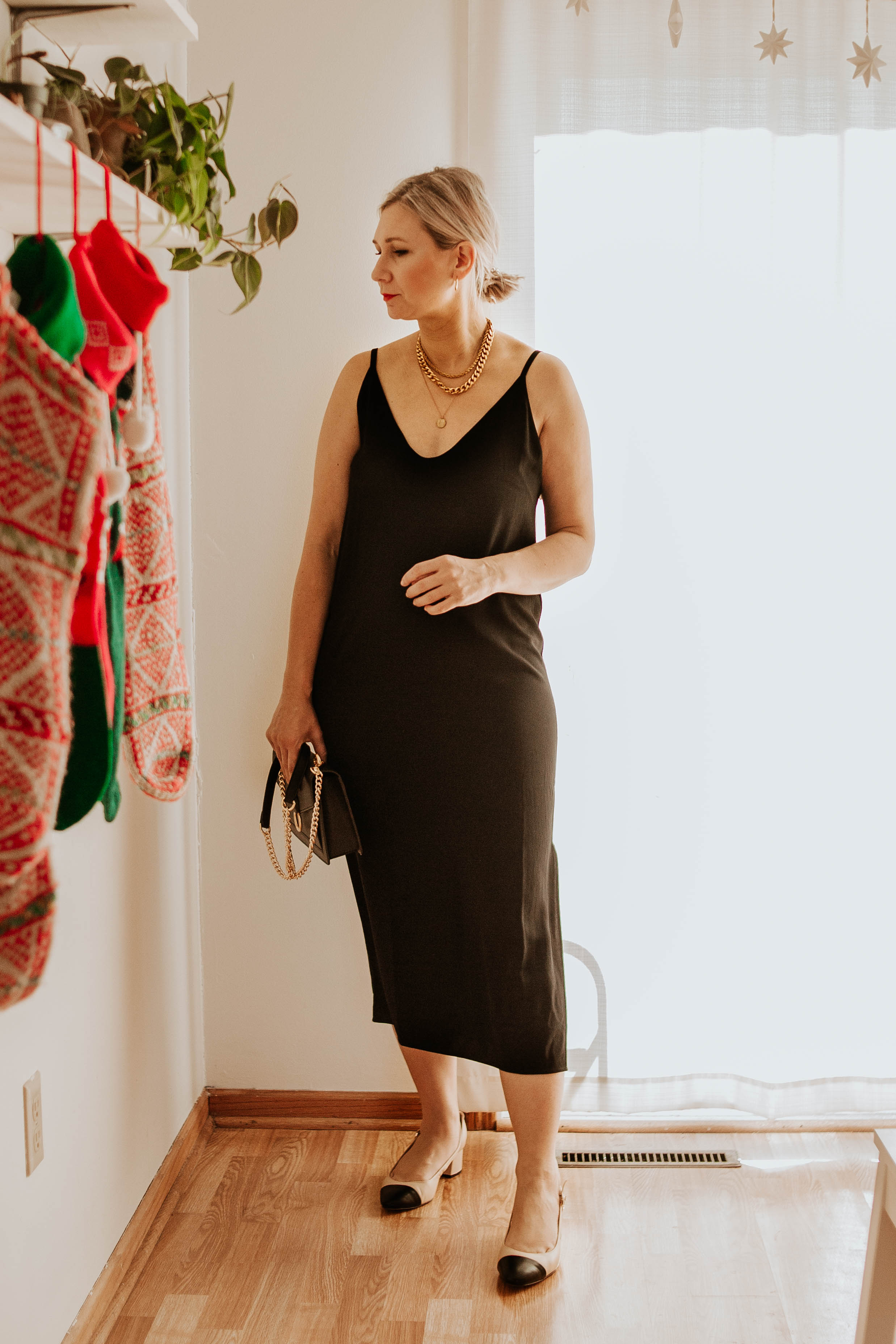 Mini Holiday Lookbook Featuring Ethical Fashion, everlane slip dress, black slip dress, black chain bag, cap toe slingbacks, chanel slingbacks