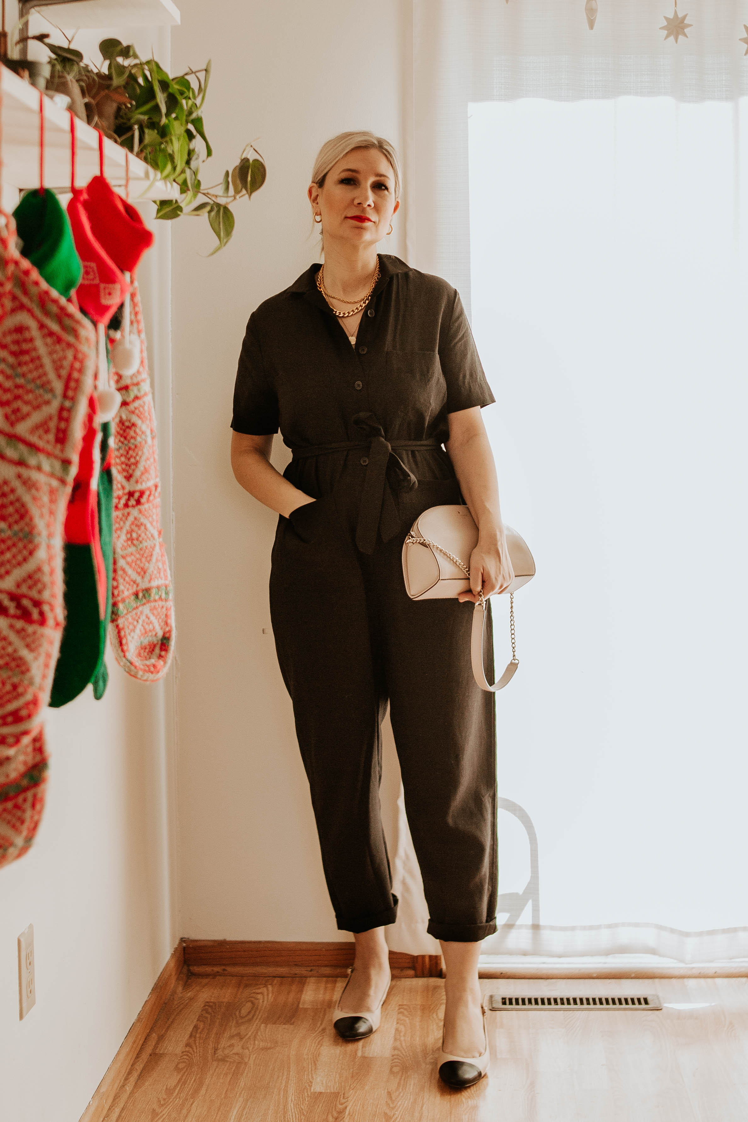 Mini Holiday Lookbook Featuring Ethical Fashion, tradlands jumpsuit, black short sleeve jumpsuit, Kate Spade Karen Nichols Street Bag Shoulder Rose Cloud Beige Nude, cap toe slingbacks