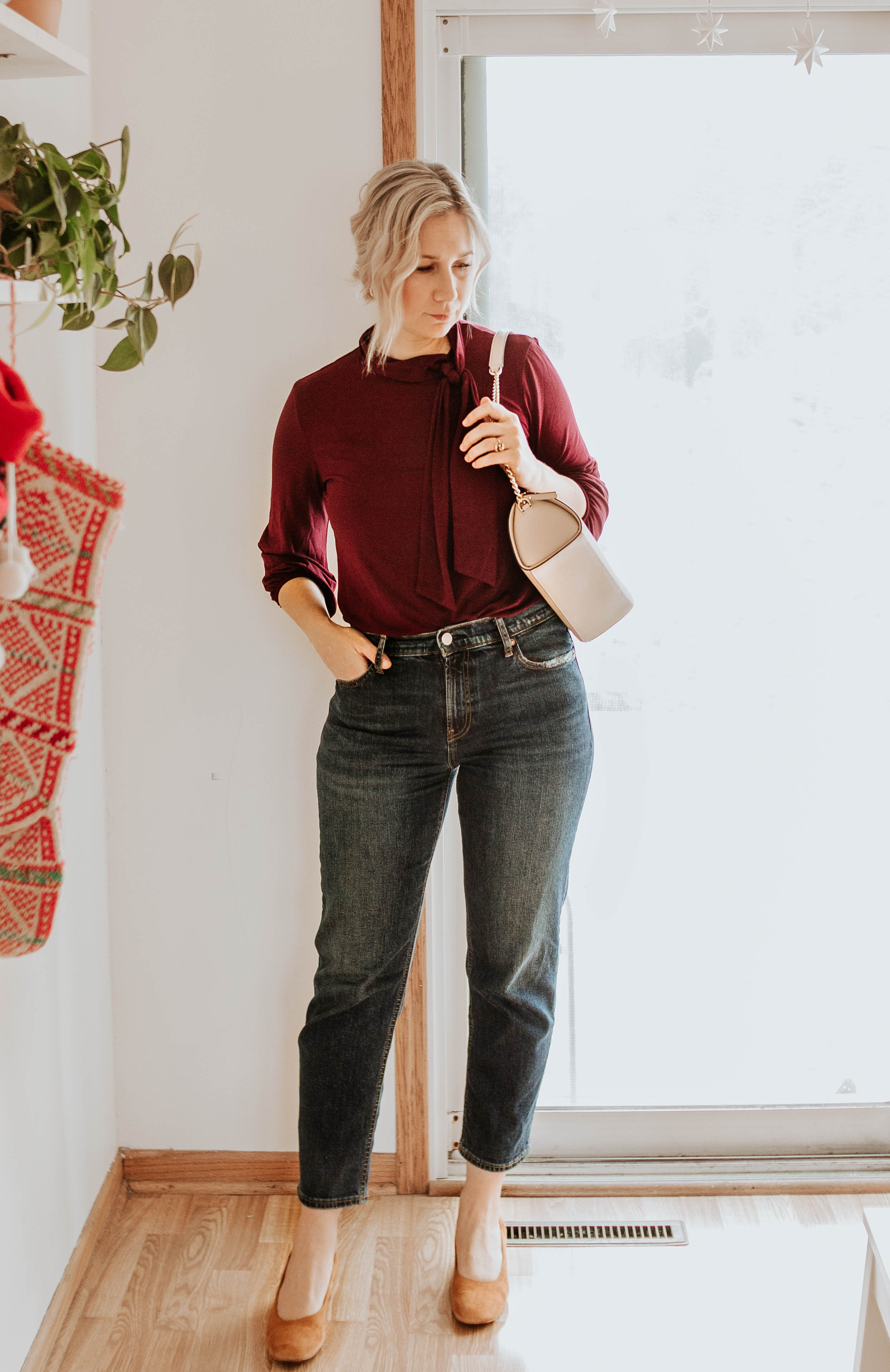 Mini Holiday Lookbook Featuring Ethical Fashion,tie neck blouse , amour vert,,colorful blouse , everlane day heels, Kate Spade Karen Nichols Street Bag Shoulder Rose Cloud Beige Nude