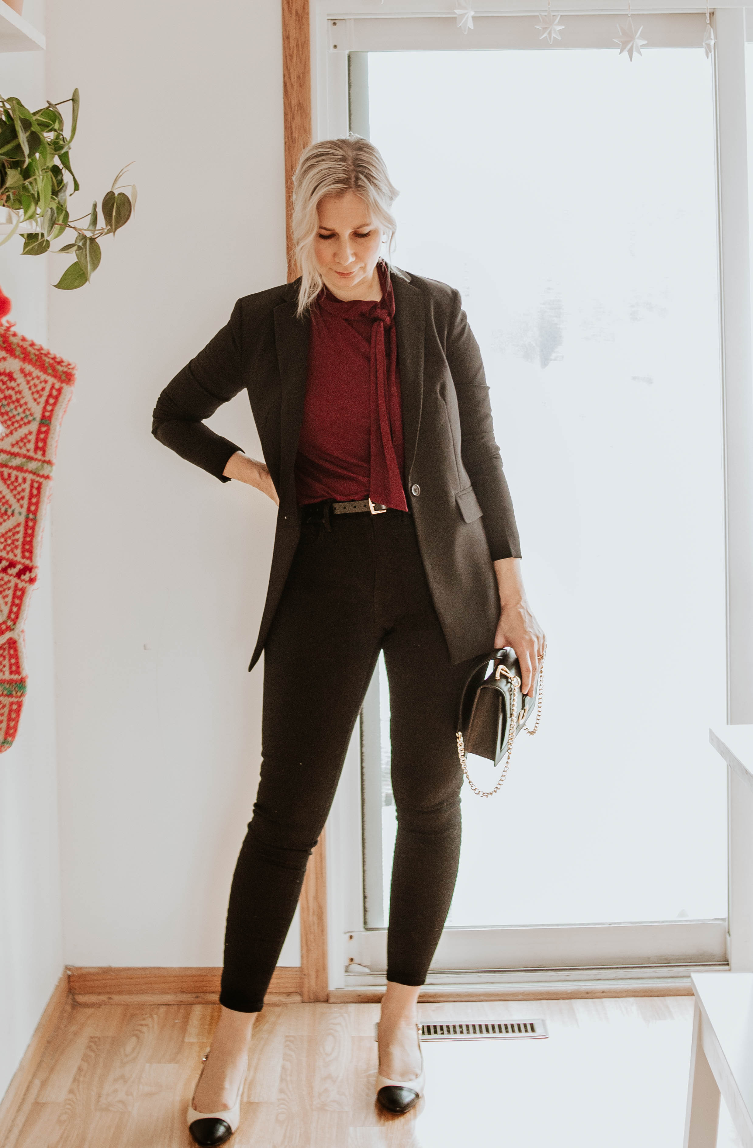 Mini Holiday Lookbook Featuring Ethical Fashion,tie neck blouse , amour vert, black blazer,colorful blouse , chanel cap toe slingbacks, friday by jw pei envelope bag