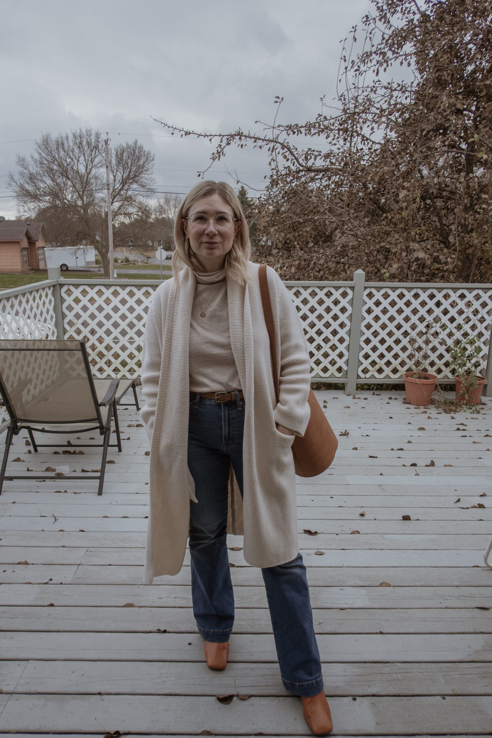 Postpartum Outfits from the Last Few Weeks. Vince cardigan. Cashmere. Maxi. Oversized. Beige turtleneck. Flare jeans. Gap wide leg denim. Menodemosso. Square toe boots. Camel. Bucket bag. 90’s glasses
