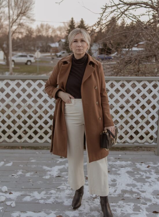 Recreating Outfits from Pinterest: camel trench coat: black turtleneck, white pants, black cowboy boots