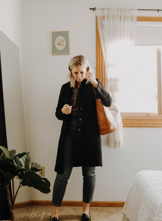 Styling my Oldest Clothes, J Crew Lady Coat, Madewell Boyfriend Flannel, Madewell Transport Tote, Nine West Tassel Loafers, Everlane Cheeky Straight Jeans