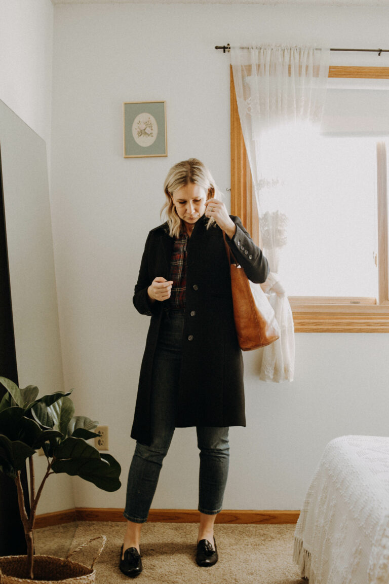 Styling my Oldest Clothes, J Crew Lady Coat, Madewell Boyfriend Flannel, Madewell Transport Tote, Nine West Tassel Loafers, Everlane Cheeky Straight Jeans