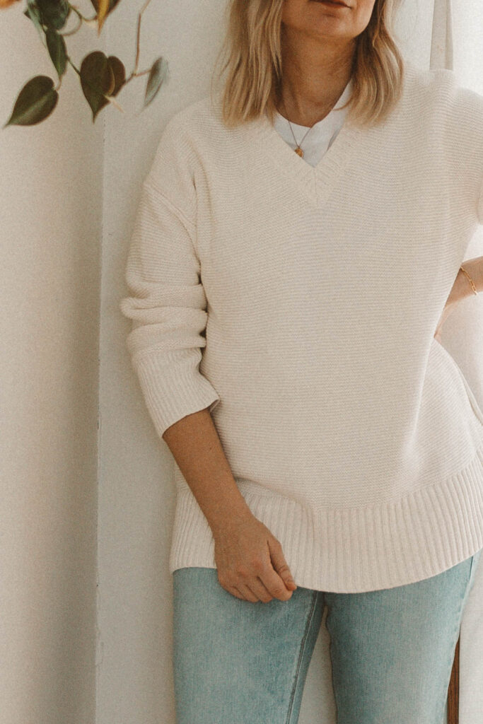 Real Winter Outfits Day 4: Changing things Up, Everlane Link Stitch Sweater, Vintage Denim, Old Navy Denim, Troentorp Clogs