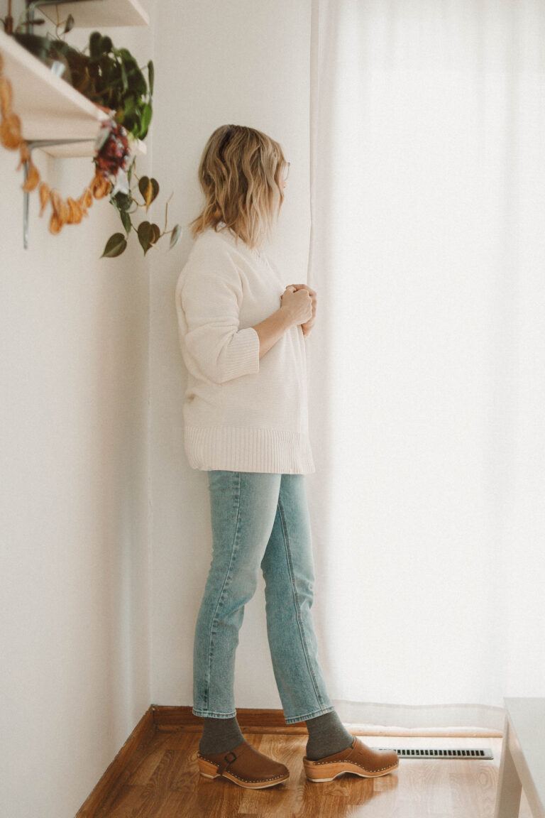 Real Winter Outfits Day 4: Changing things Up, Everlane Link Stitch Sweater, Vintage Denim, Old Navy Denim, Troentorp Clogs