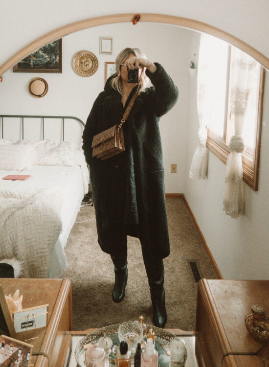 Weekend Outfit Roundup Vol. 1, Long Black Teddy Bear Coat, Sugar Candy Mountain Linen Dress, Everlane Knee High Boots, Snake Print Bag