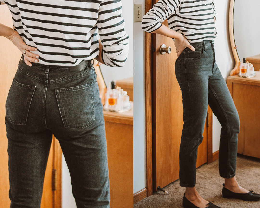 Karin Emily wears a breton black and white stripe tee, Everlane 90's cheeky jeans, and black Everlane day gloves for her Everlane Denim Guide