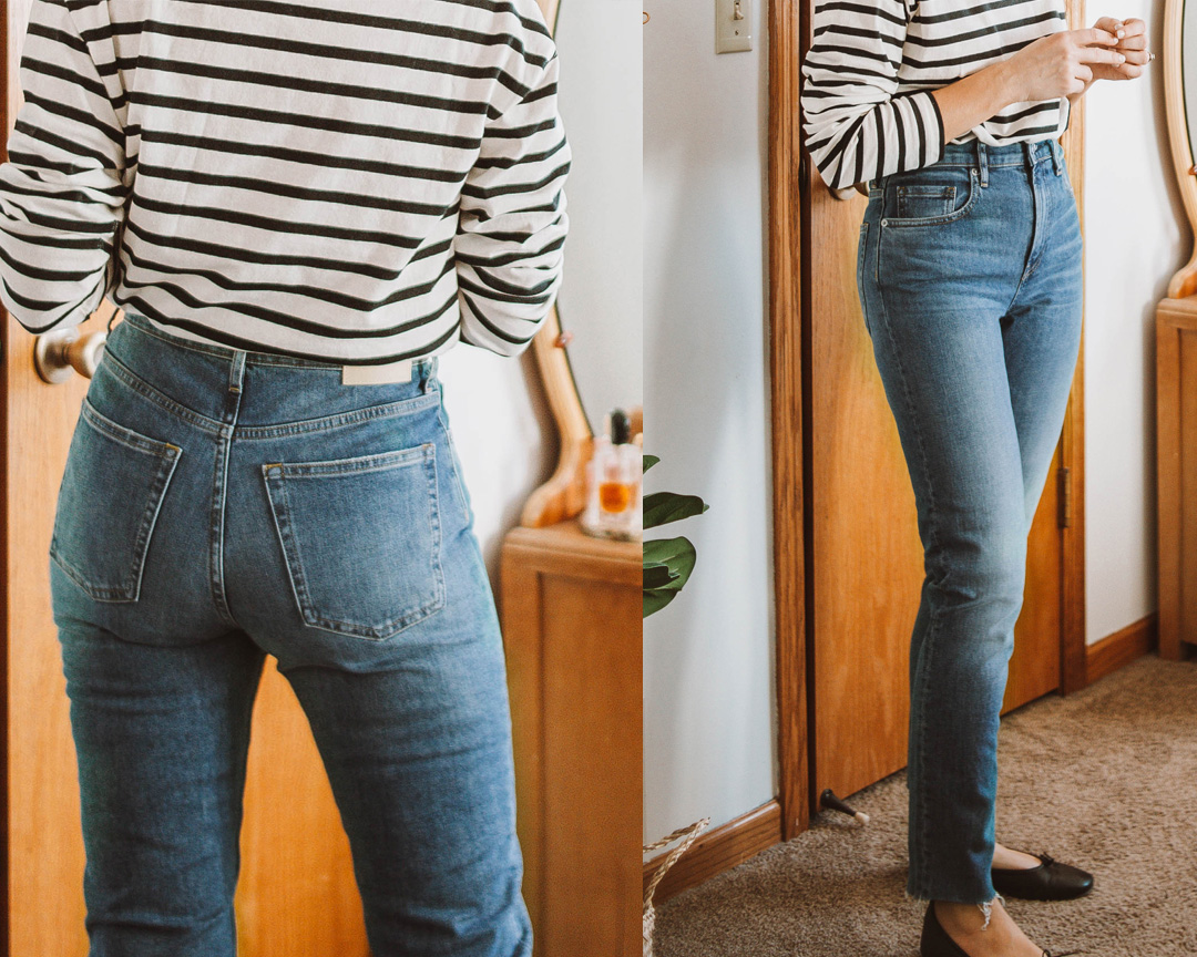 Karin Emily wears a black and white breton striped tee, Everlane cheeky jeans, and Black Everlane day gloves for her Everlane Denim Guide