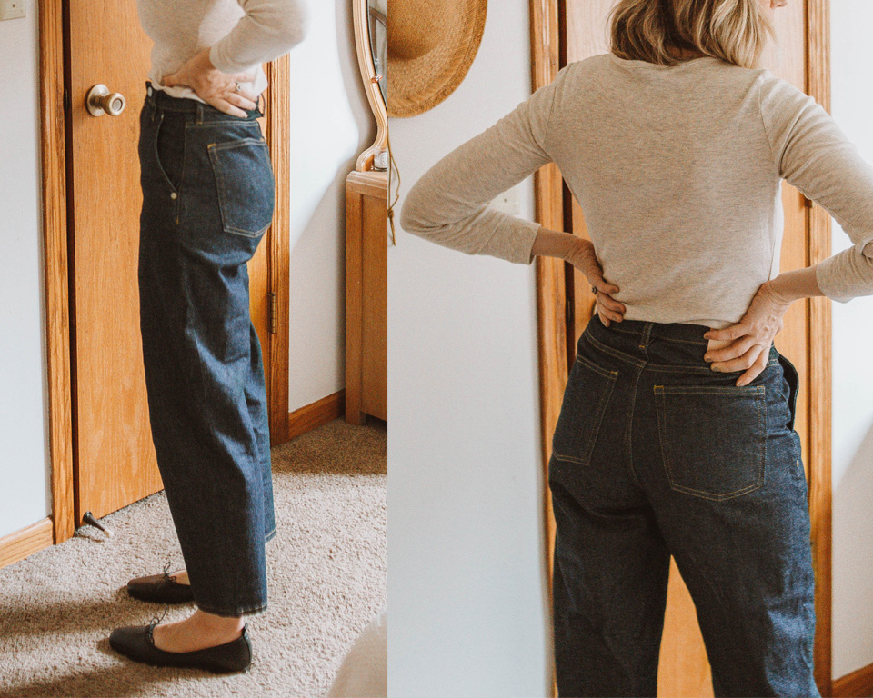 Karin Emily wears the Everlane Arc Jeans with an oatmeal longs sleeve tee and black ballet flats