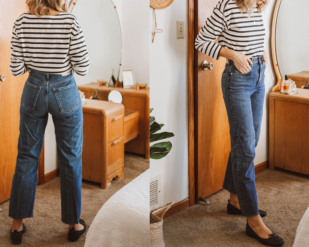 Karin Emily wears a breton black and white stripe tee, Everlane Way High jeans, and black Everlane day gloves for her Everlane Denim Guide