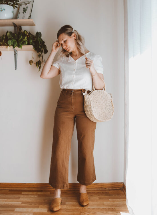 spring outfit ideas, everlane wide leg crop pants, tradlands blouse, circle straw bag, nisolo mules