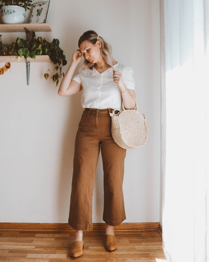 spring outfit ideas, everlane wide leg crop pants, tradlands blouse, circle straw bag, nisolo mules