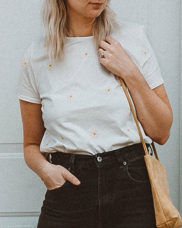 vintage levis, sezane, daisy tee, embroidered tee, baggu bag