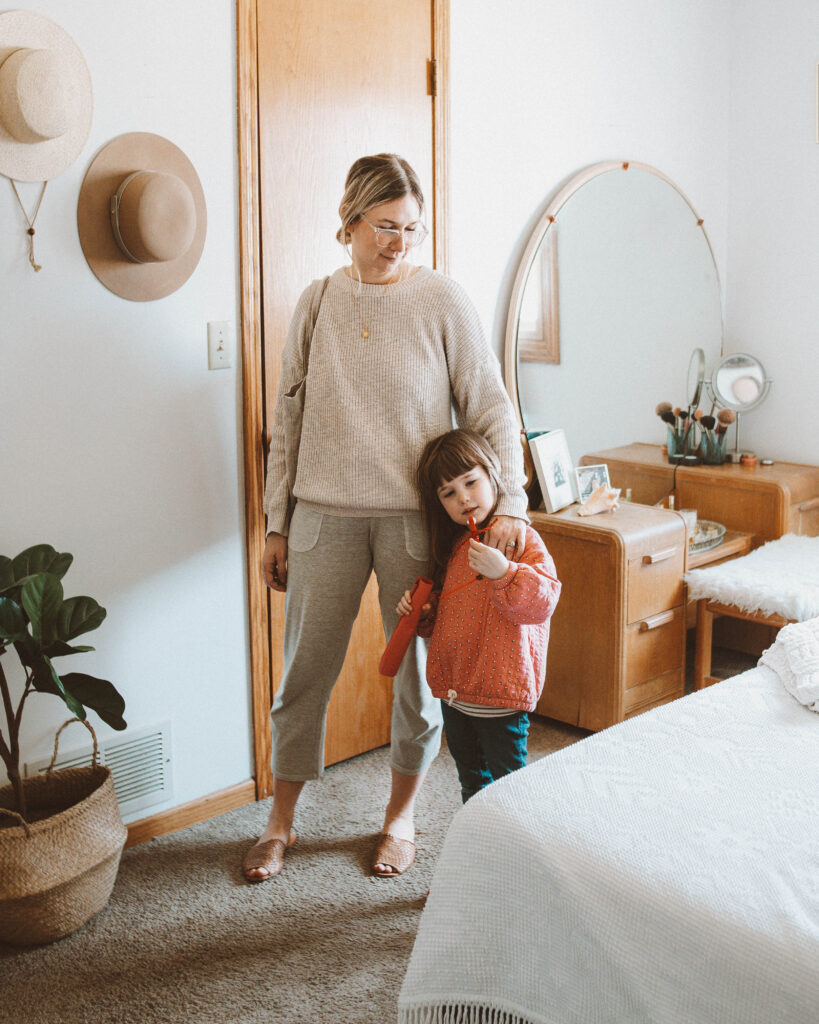 So here's what I actually wore this week, it is well la organic cotton sweater, poetry lounge pants, either/or the woven slide miel review, shin+na linen tote, affordable gold vermeil necklace