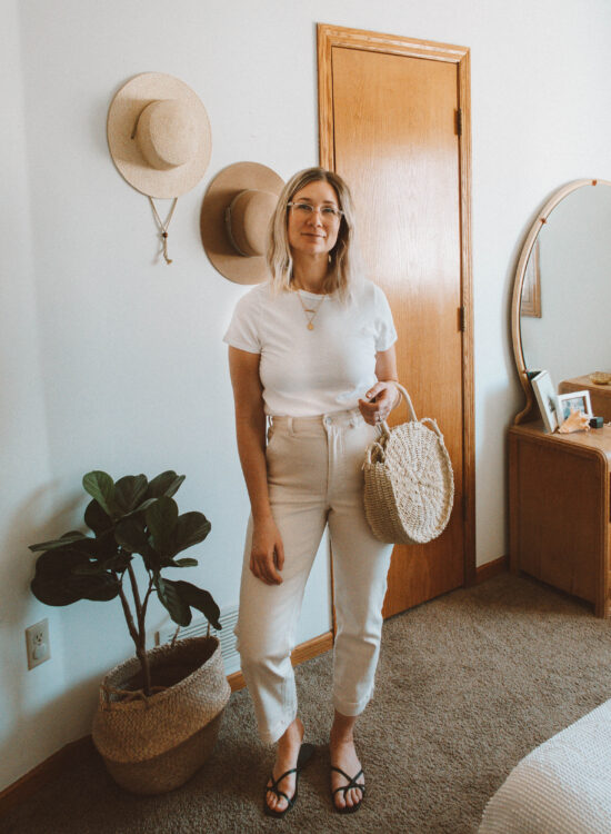 Easy Spring Outfits for Working at Home, michael stars white tee, everlane straight leg crop, everlane black strappy sandals, straw circle bag, antique circle mirror vanity