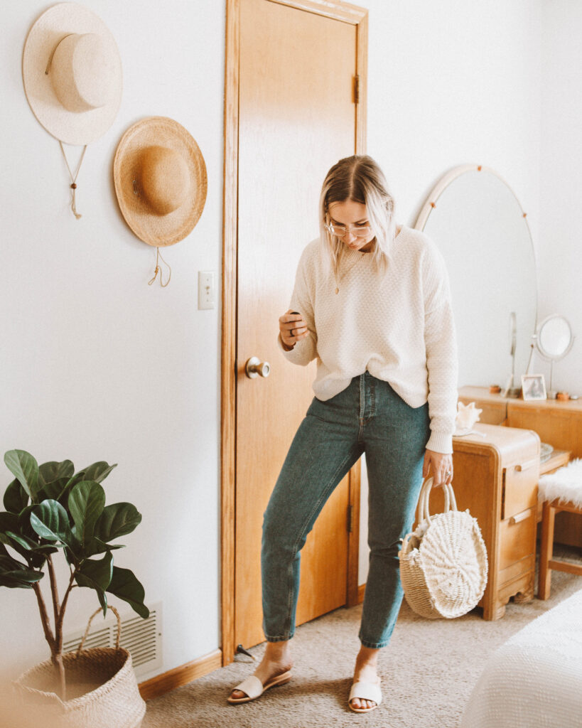 5 Days Wearing New Spring Arrivals from Tradlands, jude sweater, everlane cheeky 90's jean, nisolo isla slide sandal, round circle straw bag