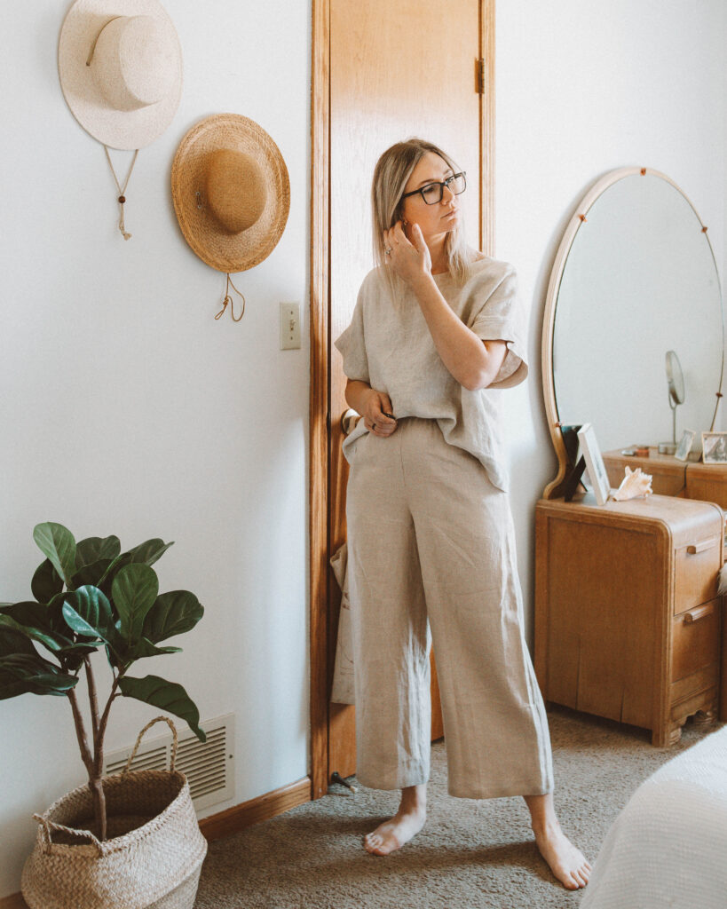 Linen Loungewear: 5 Outfit Ideas, elizabeth suzann georgia tee, wide leg linen pants