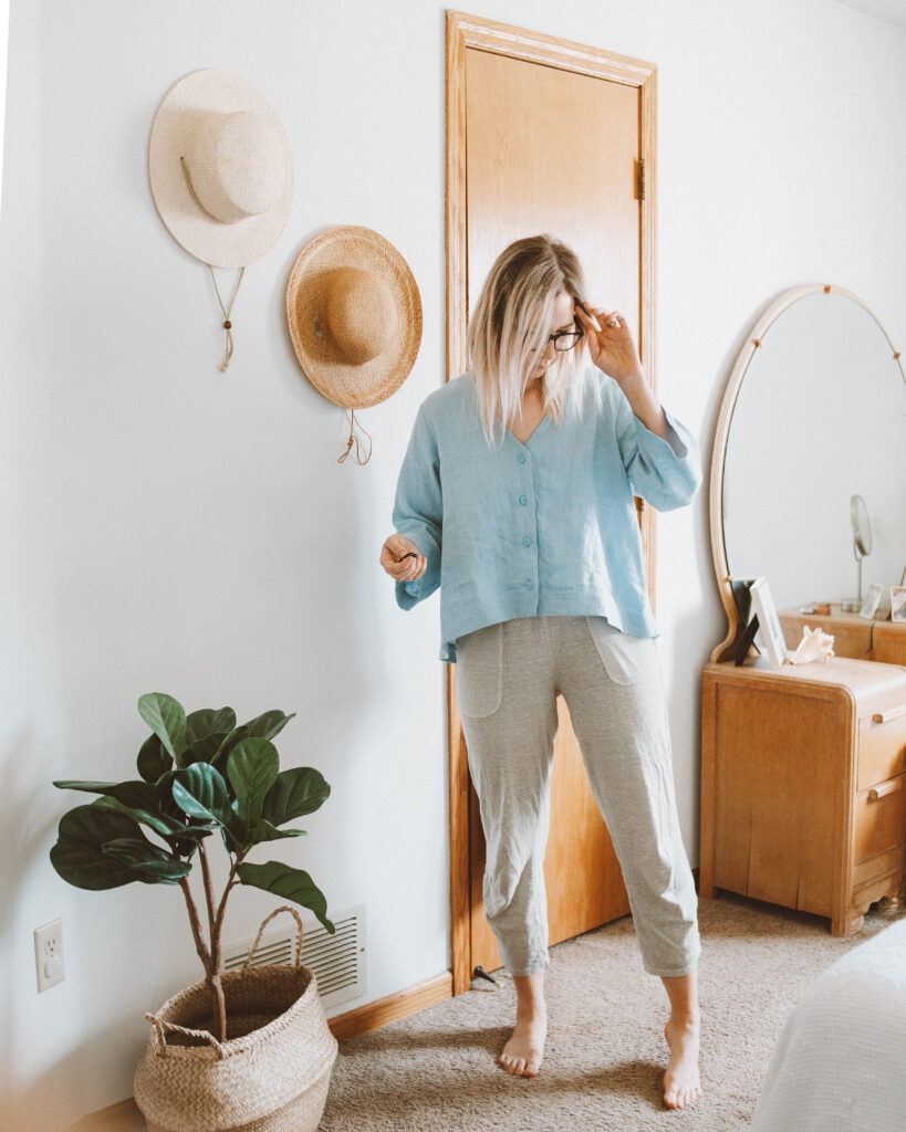 Linen Loungewear: 5 Outfit Ideas, pale blue blouse, powder blue linen top, linen lounge pants