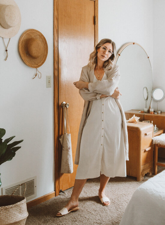 A Week of Outfits: Minimizing my Closet, lacausa natural silk dress, love and confuse beige linen duster, nisolo isla slide sandals