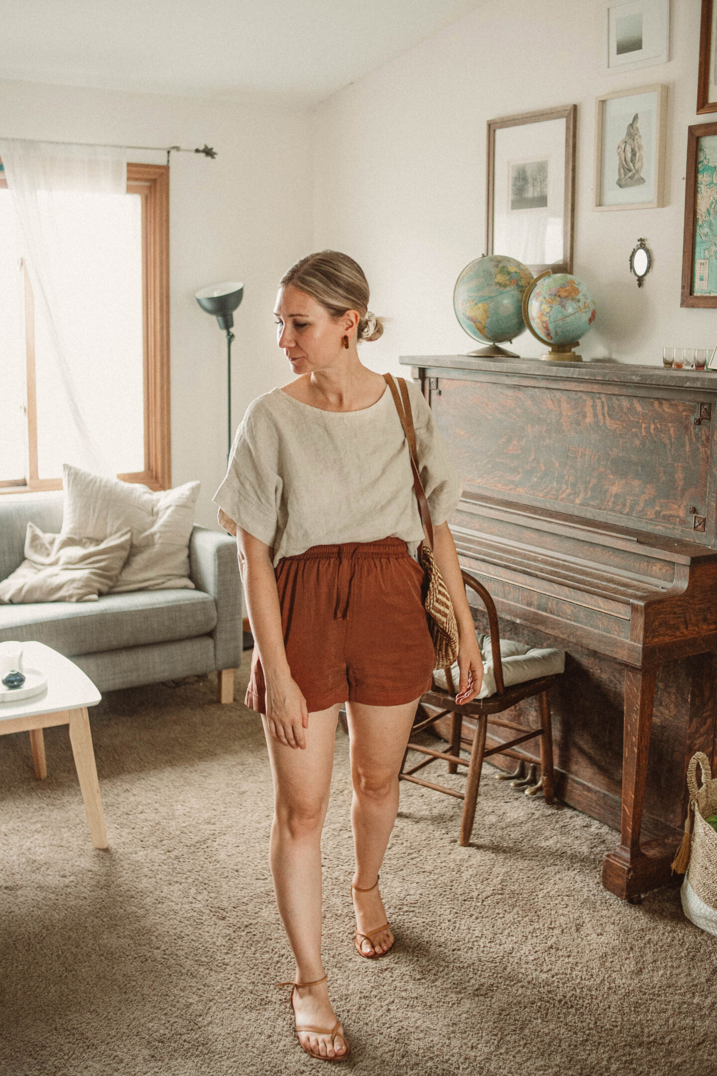 What I Wore this Week, elizabeth suzann georgia tee, target universal thread soft shorts, strappy sandals, vintage sisal bag