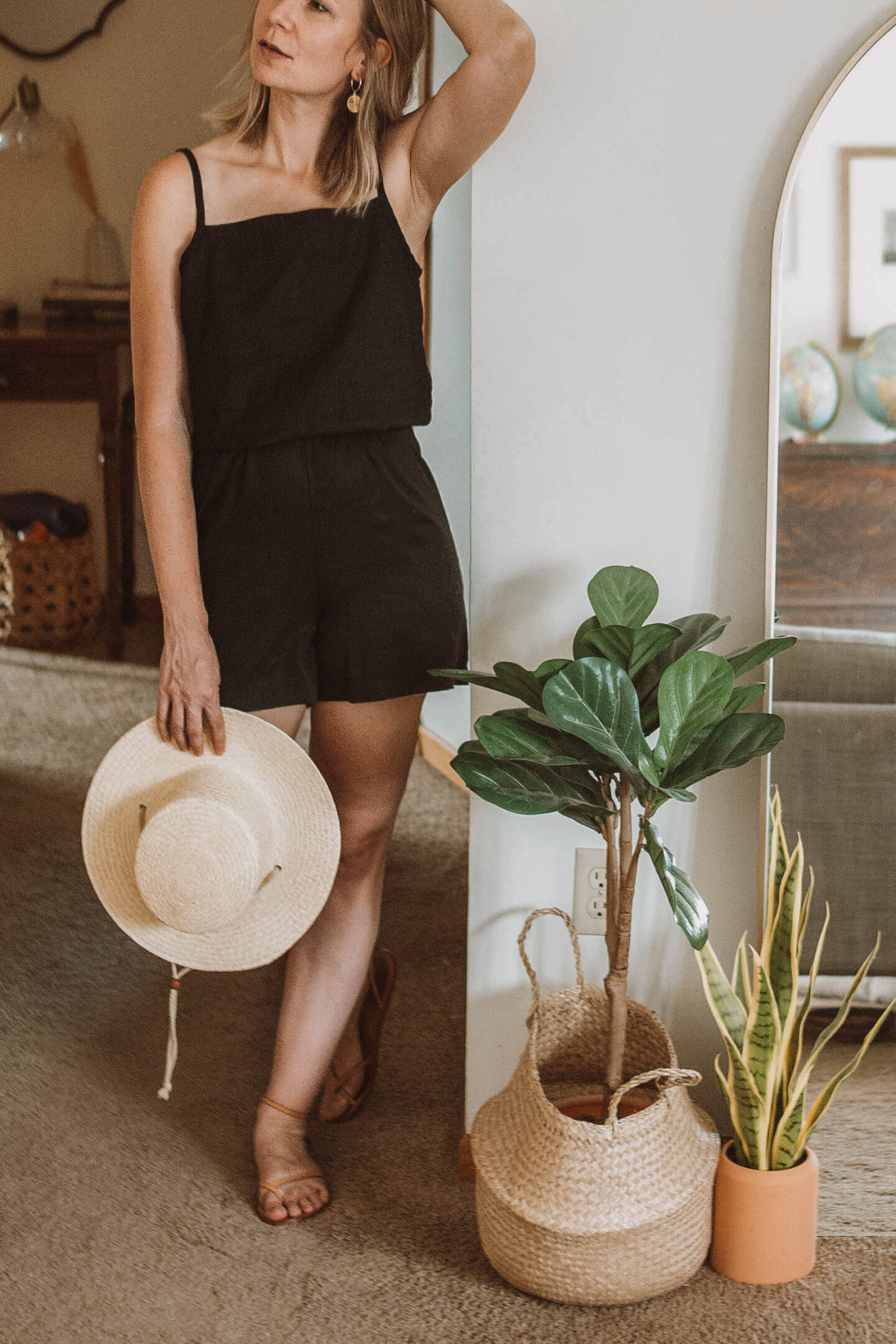 What I Wore this Week, black linen cami, black soft pull on shorts, strappy sandals, lack of color boater straw hat