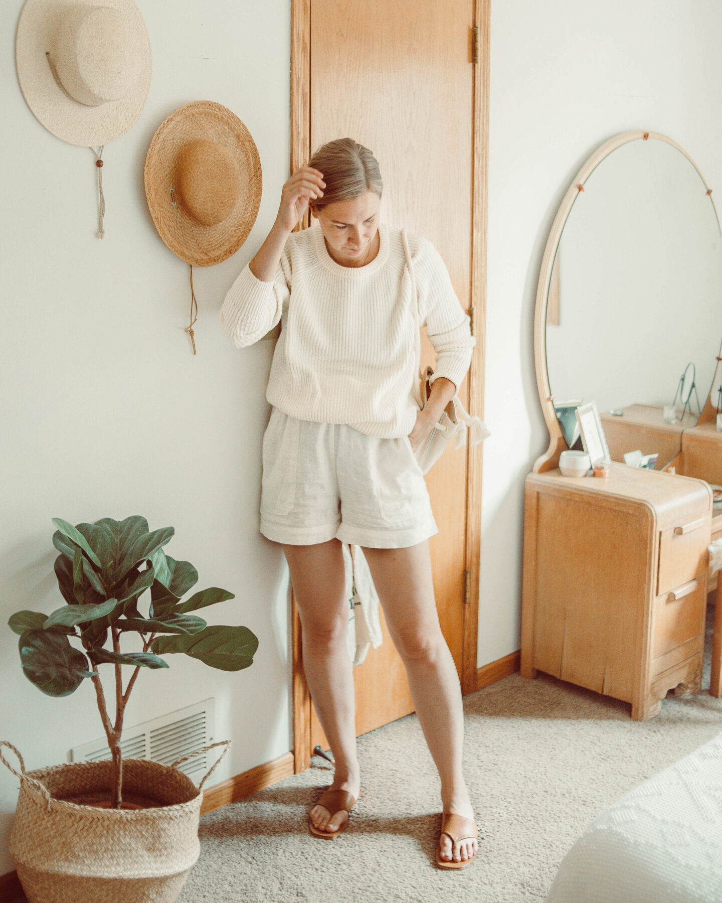 What I Wore this Week, arq tank top, white paper bag shorts, everlane thong sandal, jenni kayne fisherman sweater, white fisherman sweater