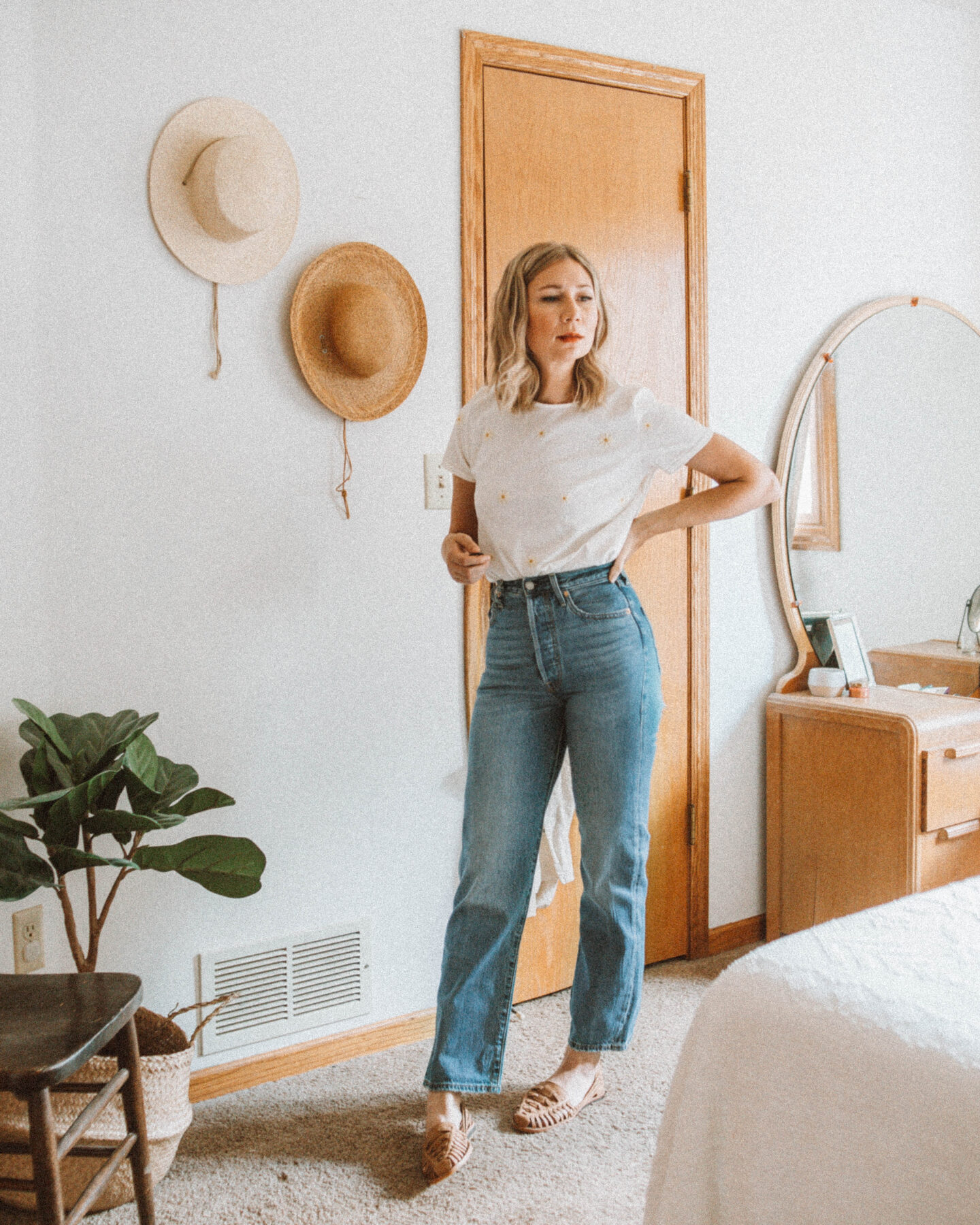 A Week of Outfits: Casual, Stylish Outfits for Real Life, embroidered tee, levi's mile high jeans, nisolo huarache sandals, pyne & smith model no. 26