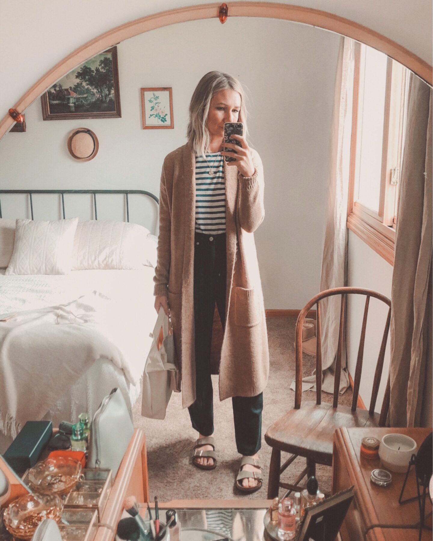 Fall Transitional Dressing: What I Wore Last Week, Cardigan outfit with black jeans and birkenstock arizona sandals