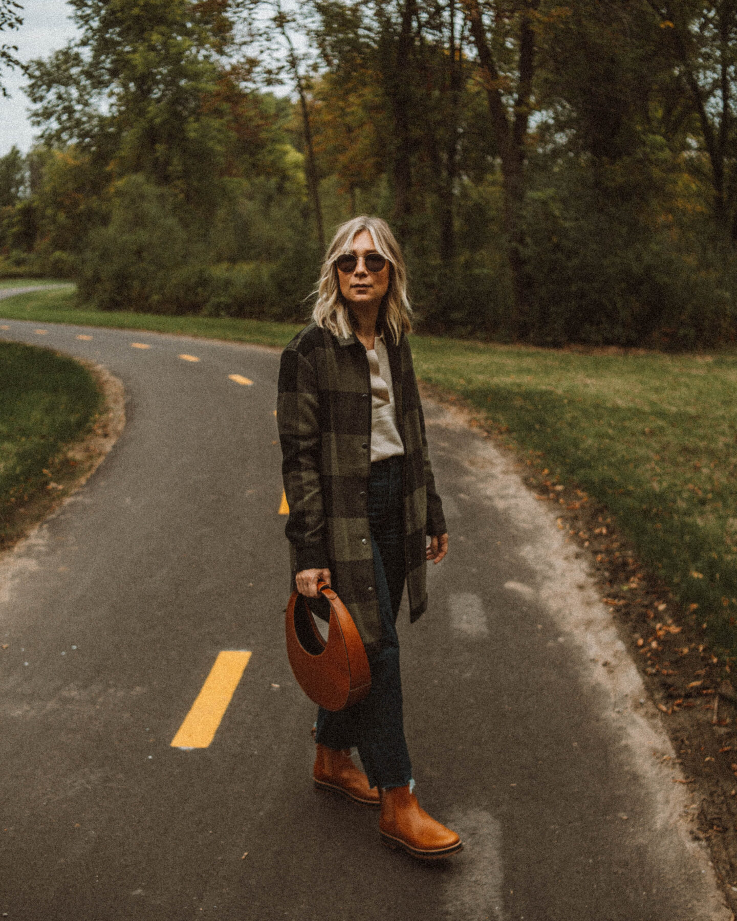 Fall Uniform: 3 Versions of My Go To Formula, buffalo check chore coat, staud moon bag, brown Madewell chelsea boots