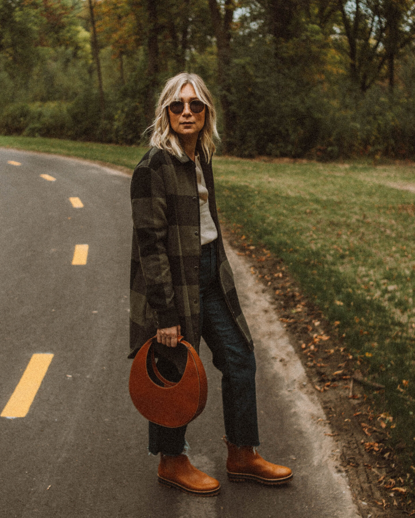 Fall Uniform: 3 Versions of My Go To Formula, buffalo check chore coat, staud moon bag, brown Madewell chelsea boots