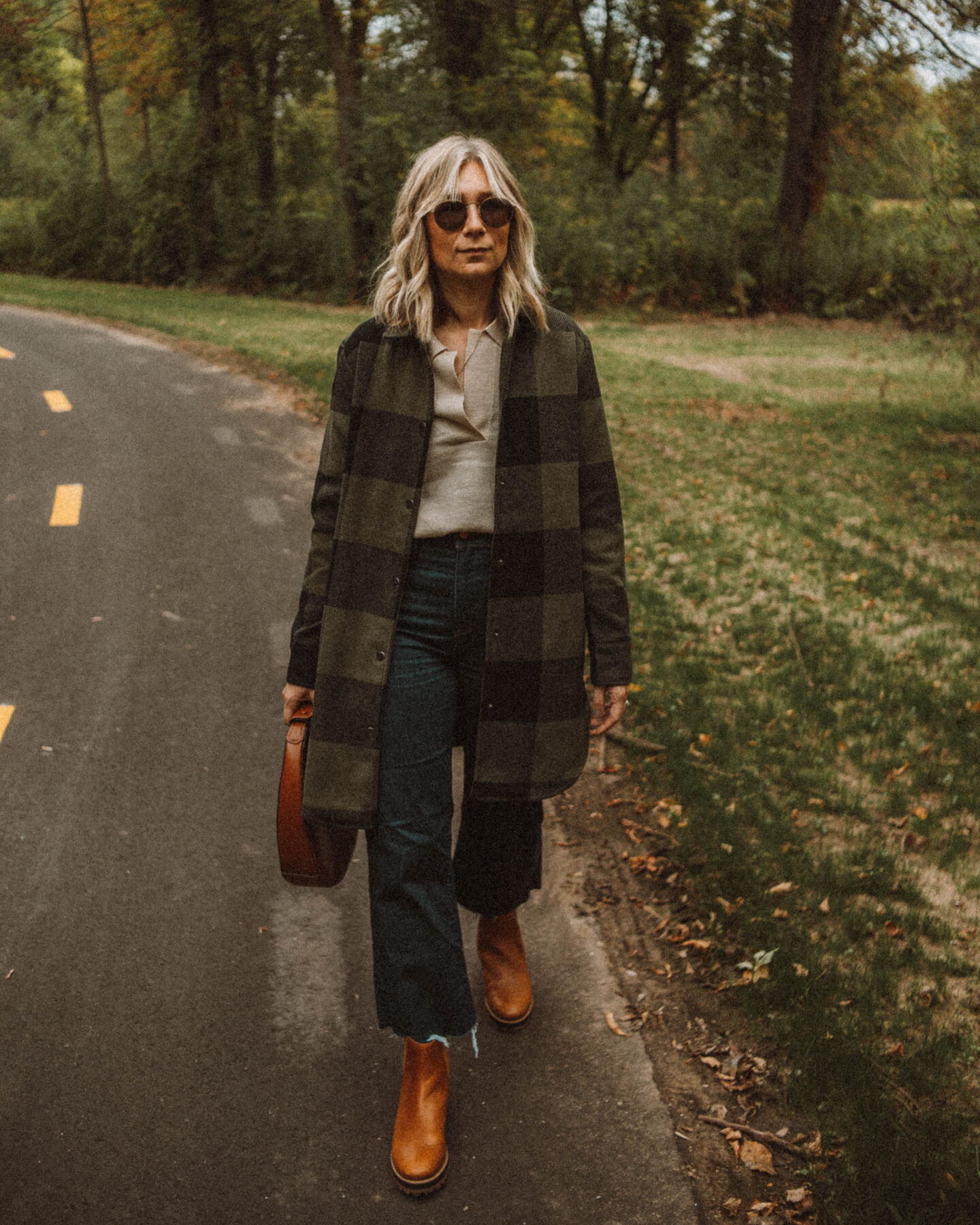 Fall Uniform: 3 Versions of My Go To Formula, buffalo check chore coat, staud moon bag, brown Madewell chelsea boots