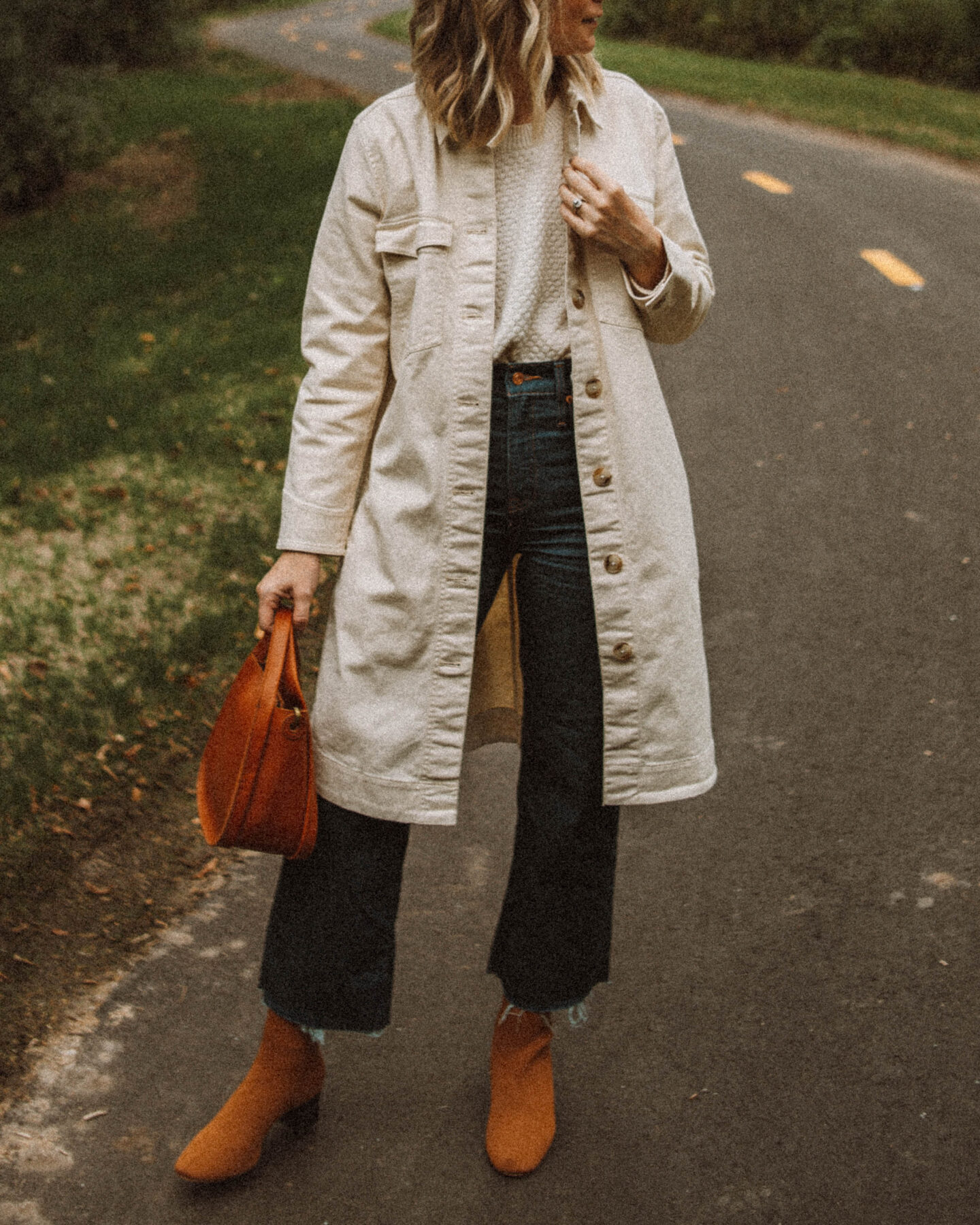 Fall Uniform: 3 Versions of My Go To Formula, long madewell chore coat, everlane reknew sock boots