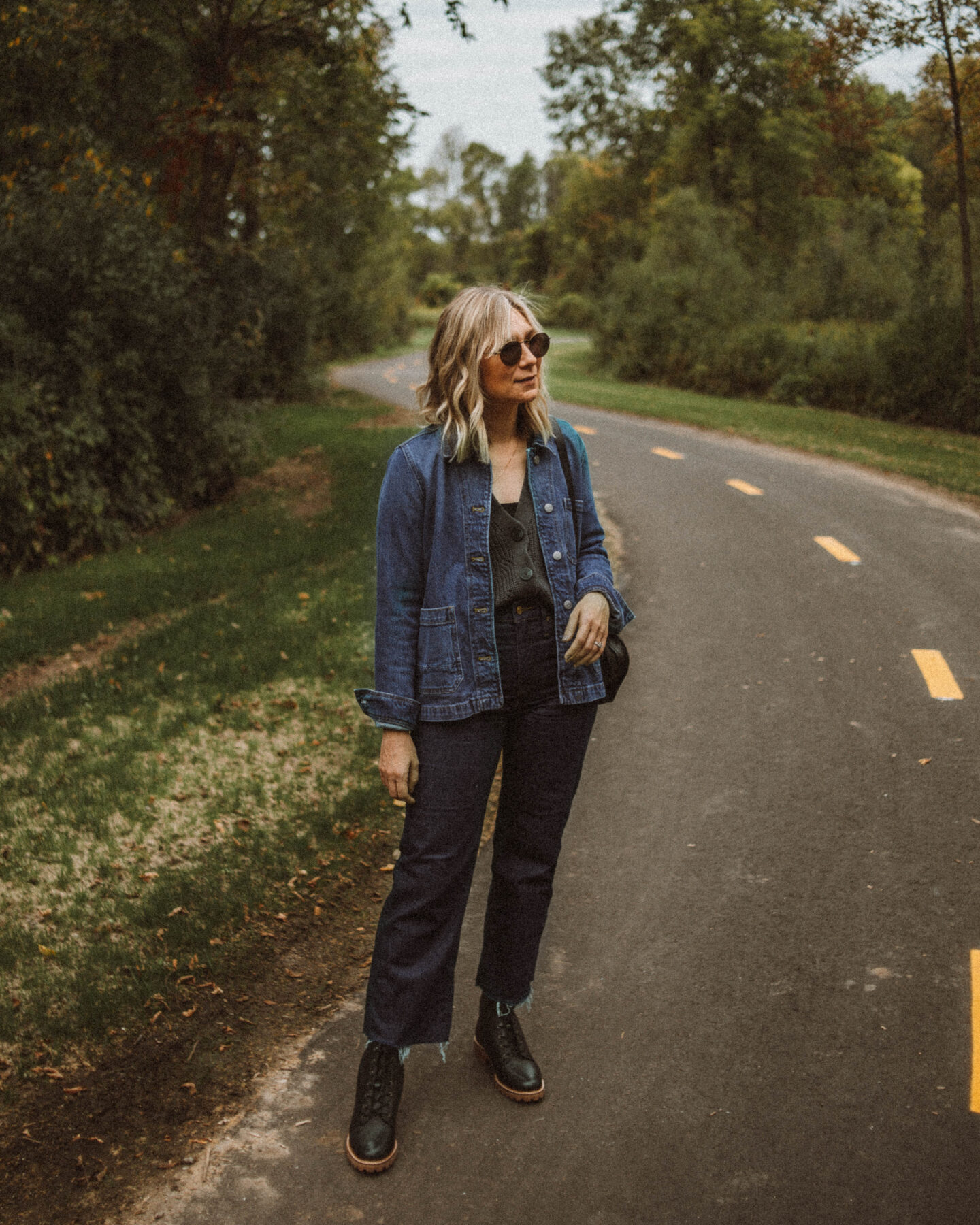 Fall Uniform: 3 Versions of My Go To Formula, madewell denim chore coat, madewell black lace up boots, vintage coach bag