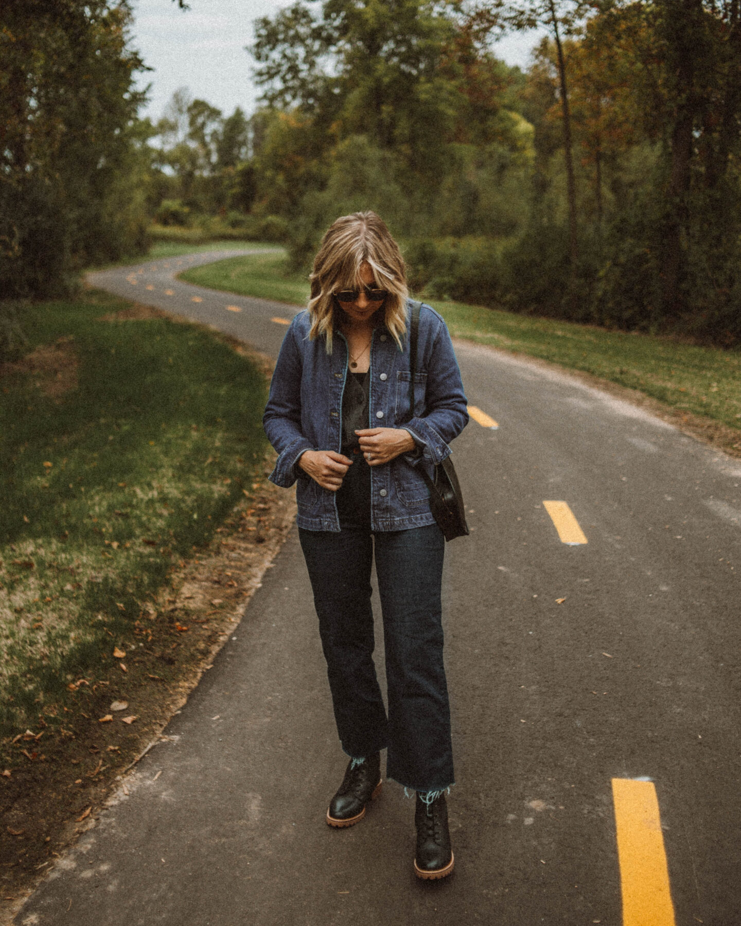 Fall Uniform: 3 Versions of My Go To Formula, madewell denim chore coat, madewell black lace up boots, vintage coach bag