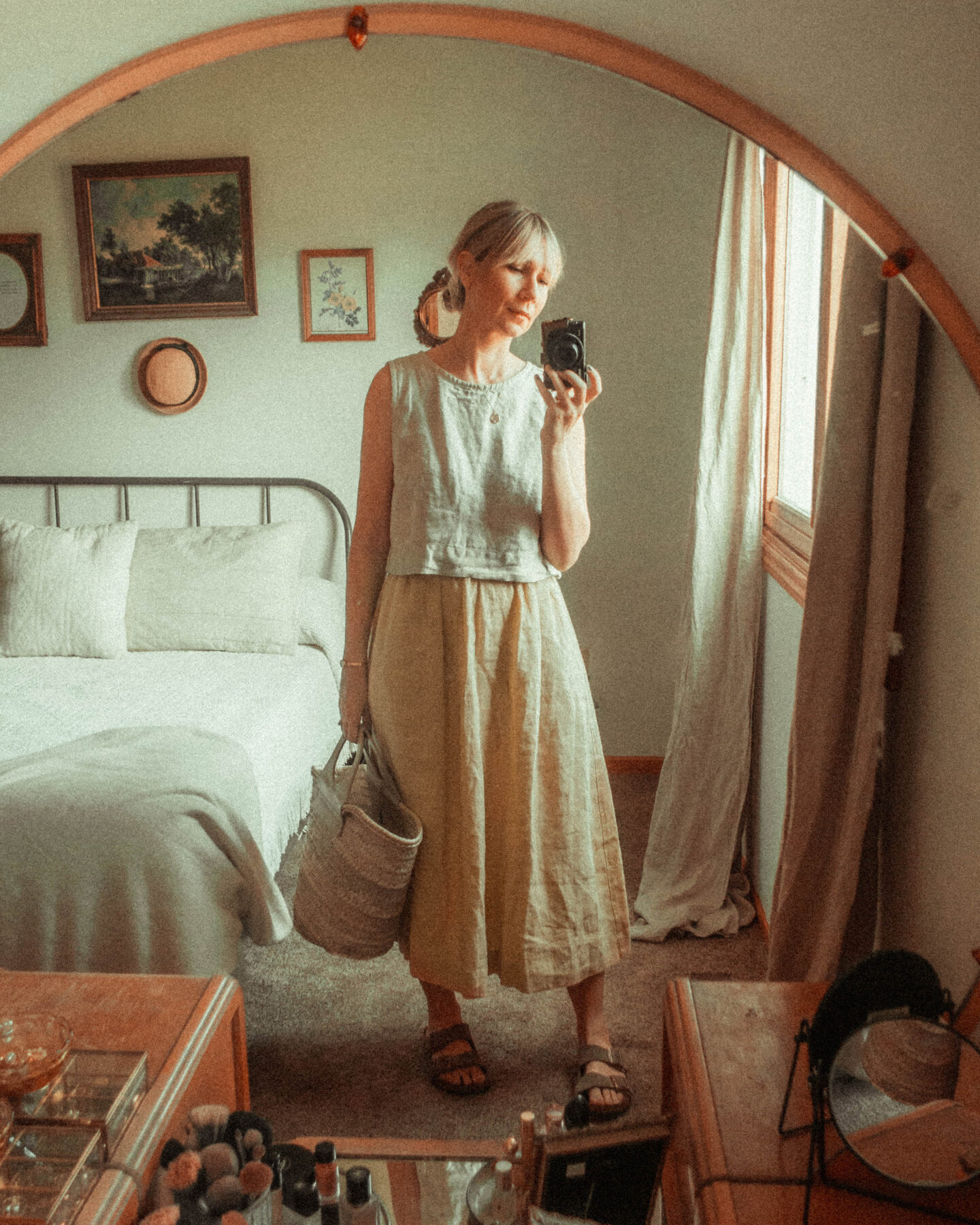 What I Wore this Week: From Tank Tops to Trench Coats, not perfect linen, birkenstock arizona outfit, hereu straw bag