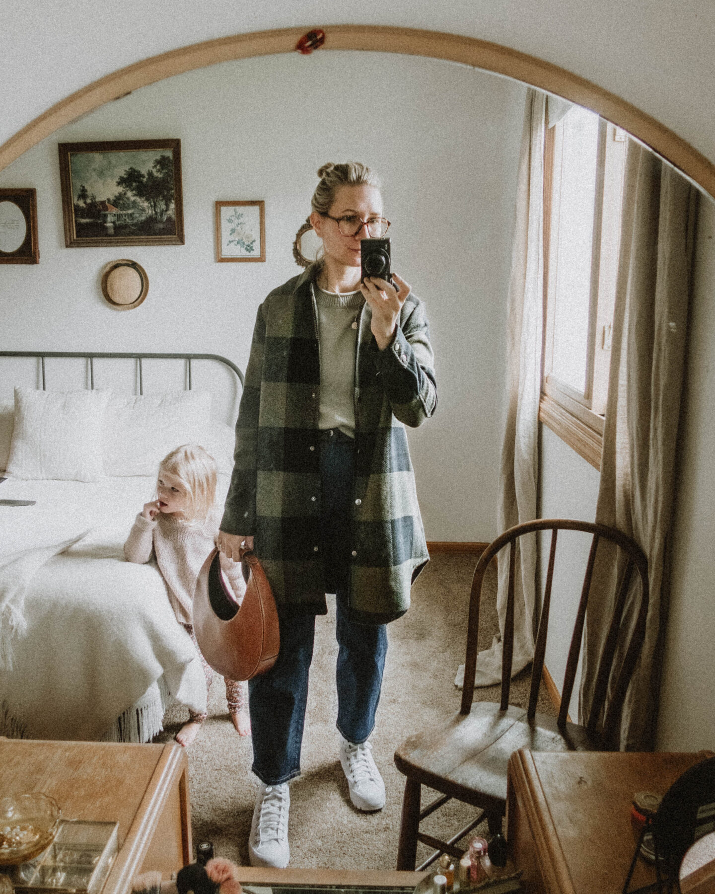 What I Wore this Week: From Tank Tops to Trench Coats, buffalo check chore coat shirt jacket, sage green sweater, everlane barrel leg jean, converse lugged high top white, staud moon bag