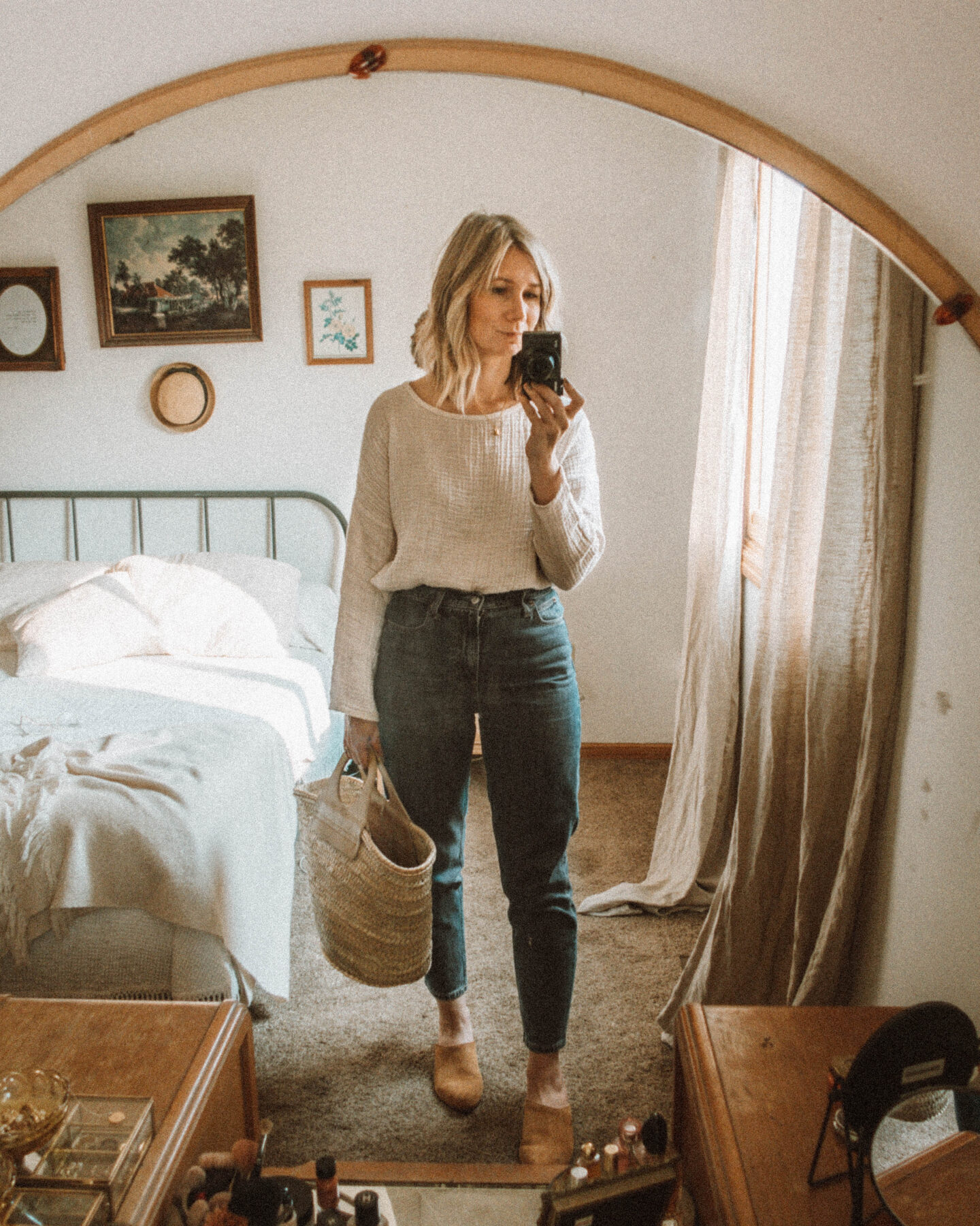 What I Wore this Week: From Tank Tops to Trench Coats, it is well gauze top, gap mom jeans (the BEST mom jeans), nisolo mariella mules, hereu basket bag