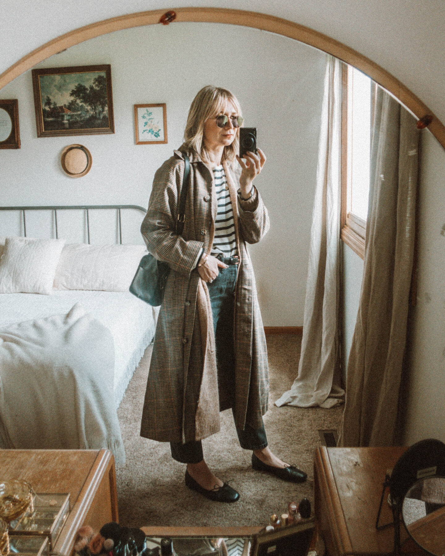 What I Wore this Week: From Tank Tops to Trench Coats, toteme trench coat, plaid trench coat, everlane 90's cheeky jean, everlane breton stripe top, camel colored duster cardigan, black ballet flats