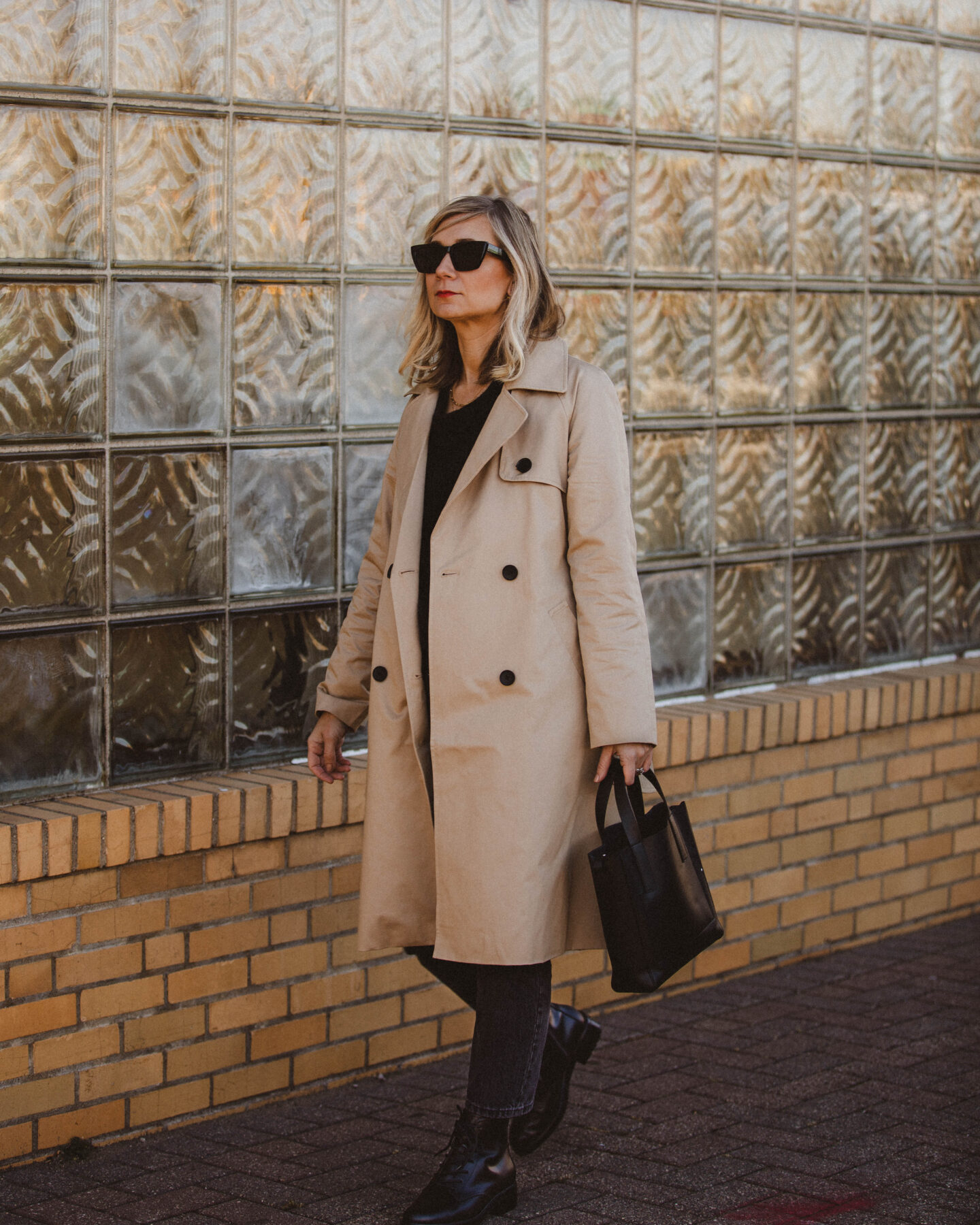 Karin Emily Style. New in: everlane jackets and denim. everlane modern trench. everlane 90's cheeky washed black. everlane modern utility boot black. everlane alpaca crewneck sweater. black cat eye sunglasses. celine sunglasses dupe