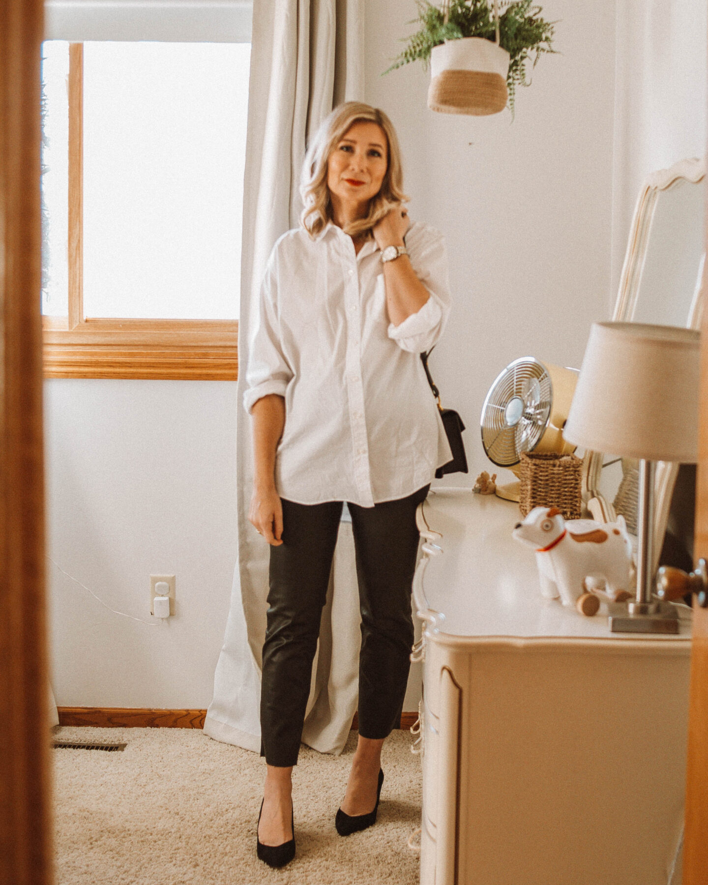 3 Holiday Looks with Coated Jeans, White Button Down, Black Kitten Heel