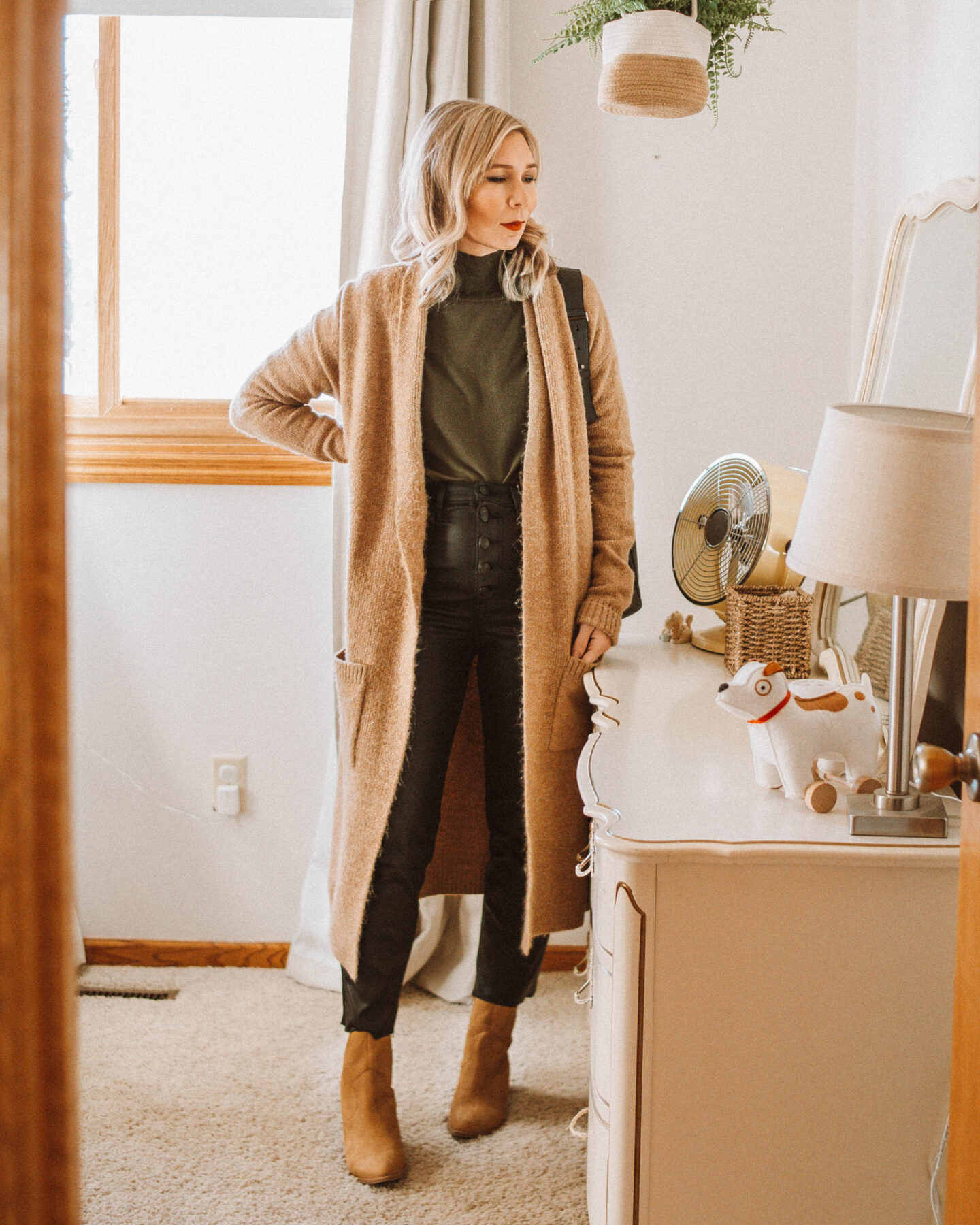 3 Holiday Looks with Coated Jeans, Duster Cardigan, Western Boots, Brown Booties, Black Coated Jeans, Turtleneck