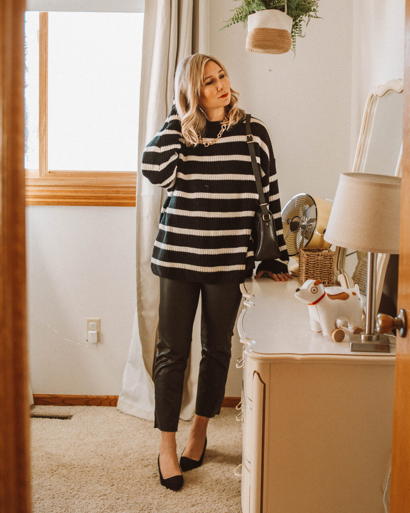 3 Holiday Looks with Coated Jeans, Striped Sweater, Breton Stripes, Black Kitten Heels