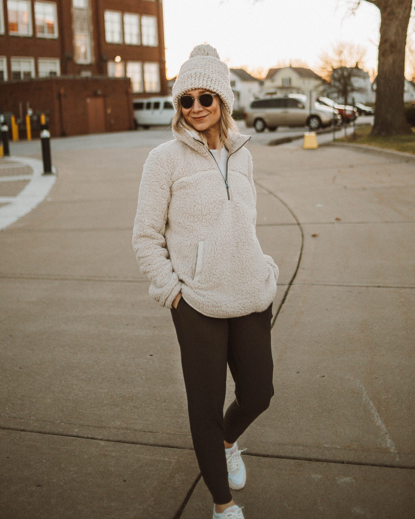 cozy, stay at home outfits abercrombie fleece pullover, joggers, legging outfits, white tennis shoe, pom hat