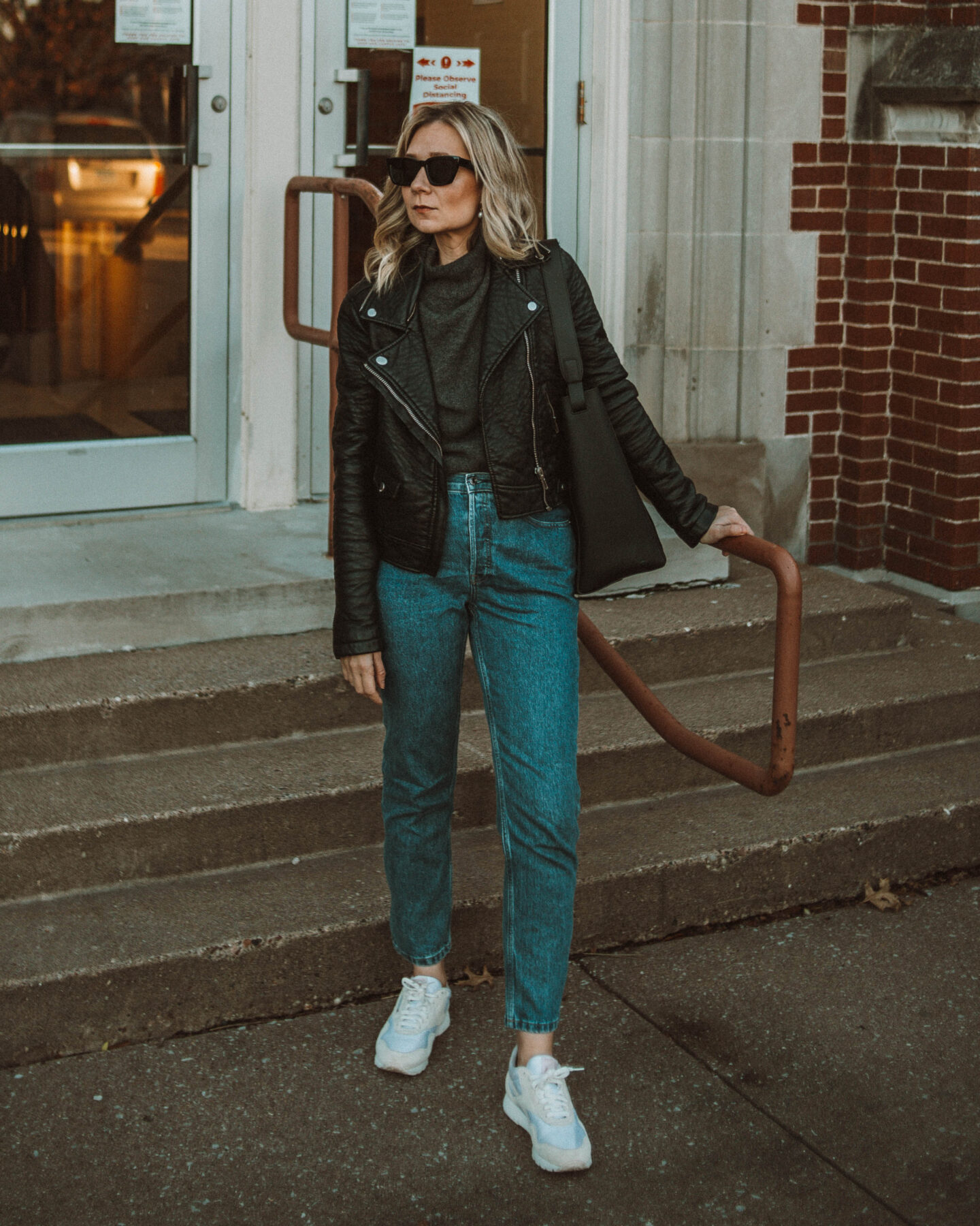 what I wore this week, cozy stay at home, leather jacket, everlane 90s cheeky, vintage style white sneakers