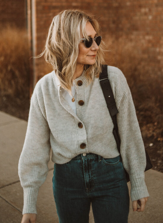 cold weather favorites: new in at everlane, cropped alpaca cardigan, 90's cheeky jean, black ballet flats, black tote bag