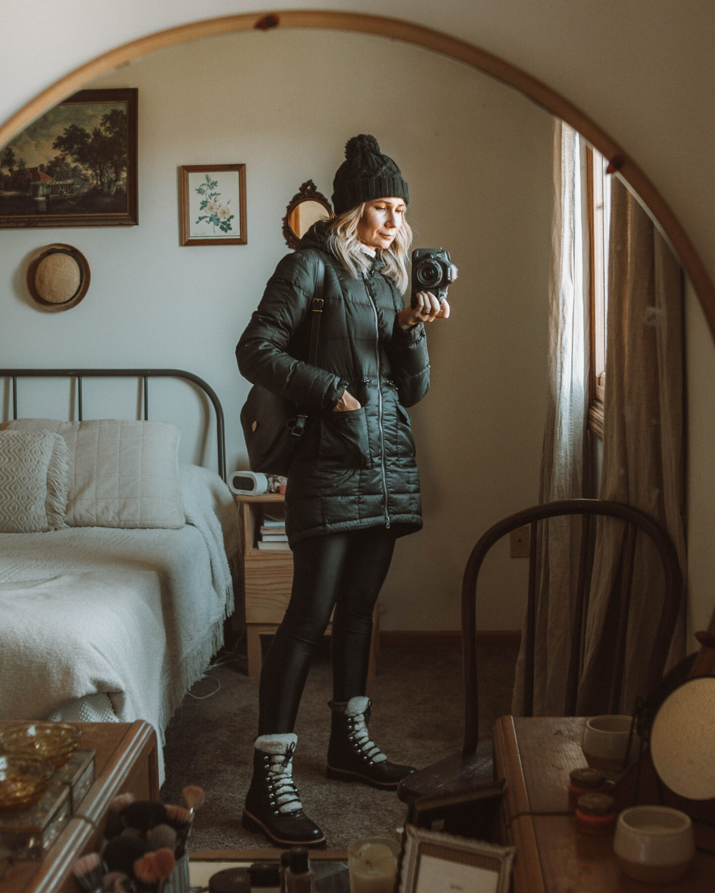 what I wore this week, lots of fleece, marc fisher izzie sherpa boots, black puffer coat, black pom hat