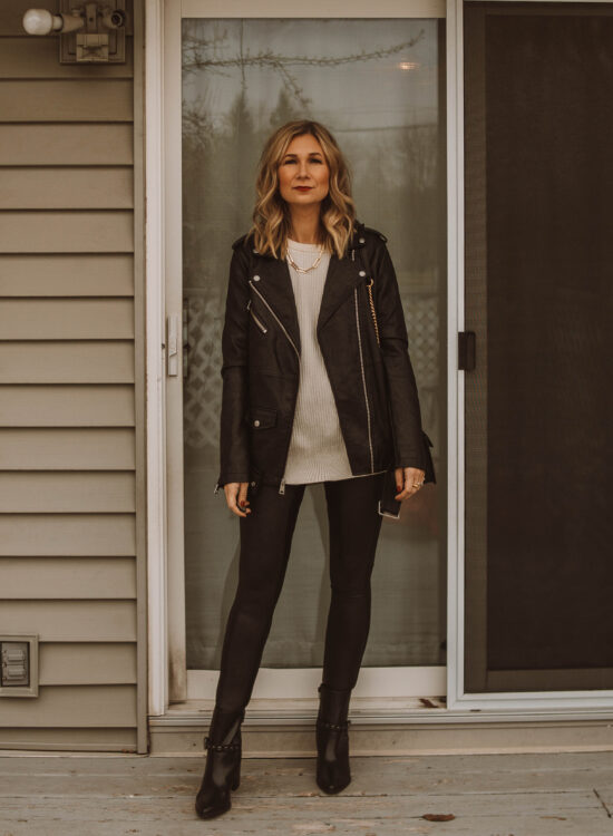 New Years Eve Outfits Feat. Faux Leather Leggings, levi's leather jacket, spanx faux leather leggings, black heeled booties, white sweater