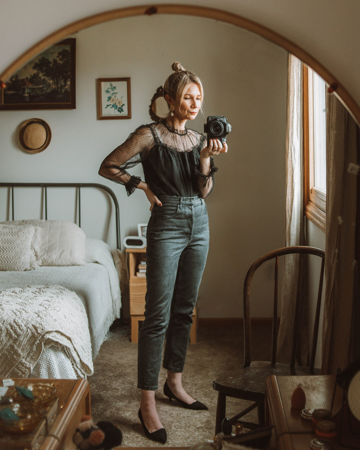 New Year's Eve Outfit Planning, Sheer Blouse, Everlane 90's Cheeky Jean, Black Suede Kitten Heels